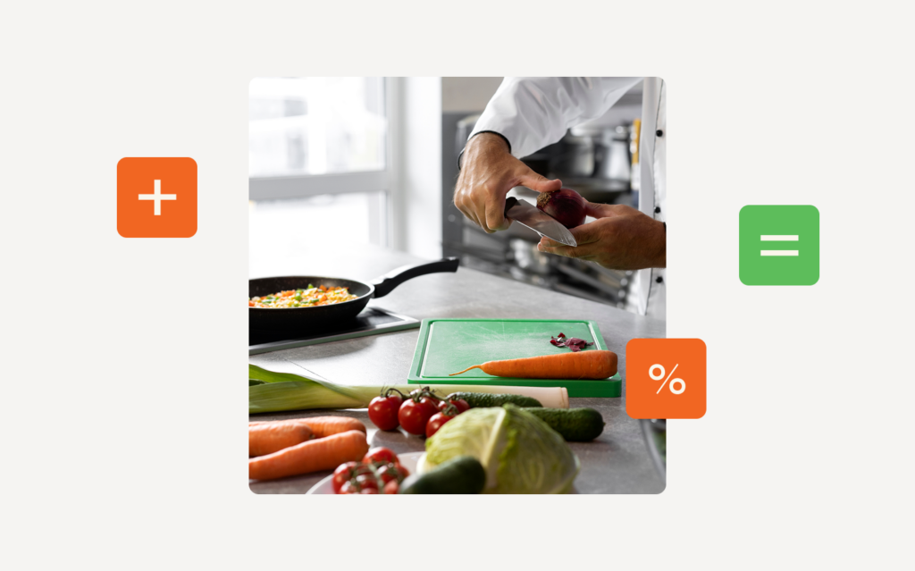 A chef prepares vegetables on a green cutting board in a professional kitchen, with fresh produce including carrots, tomatoes, cucumber, and cabbage in the foreground. Three branded icon badges are overlaid around the image: an orange plus sign (left), an orange percentage symbol (bottom right), and a green equals sign (right), on a light cream background.