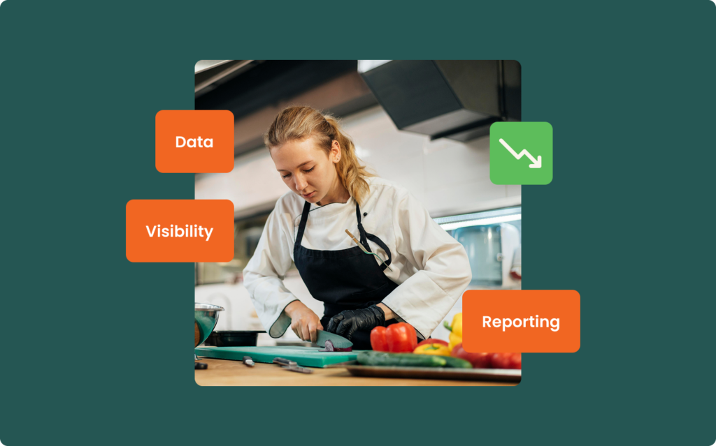 This is a duplicate of an image already covered in this session. A chef in a white jacket and black apron chops vegetables on a cutting board in a professional kitchen, with peppers and other produce in the foreground. Three orange branded label badges are overlaid -- "Data" (upper left), "Visibility" (left), and "Reporting" (lower right) -- alongside a green downward trending arrow icon, all on a dark teal background.