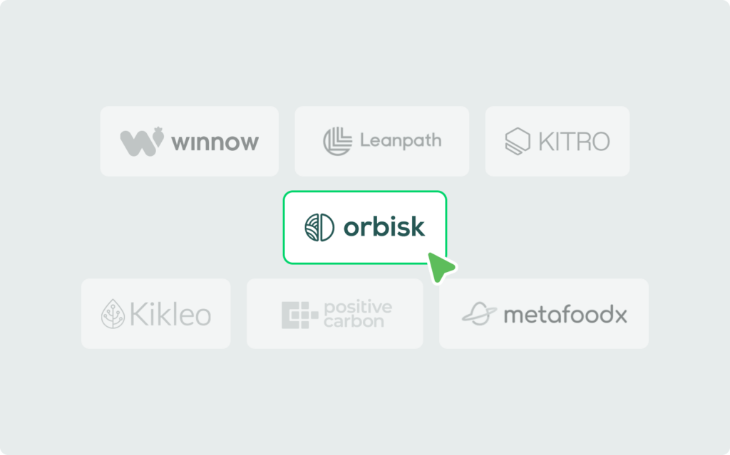 Grid of six food waste platform logo cards (Winnow, Leanpath, Kitro, Kikleo, Positive Carbon, Metafoodx) shown greyed out, with Orbisk highlighted in the center with a green border and cursor click indicator.