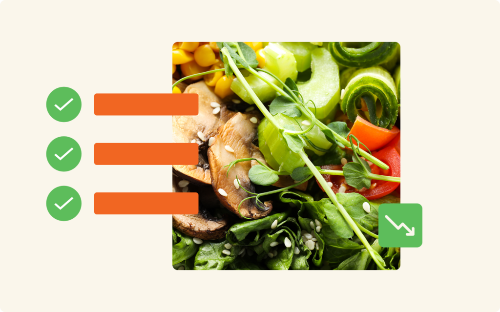 Close-up photo of fresh vegetable scraps including mushrooms, corn, cucumber, and tomato, with a checklist of three green checkmarks and a downward trend icon overlaid.