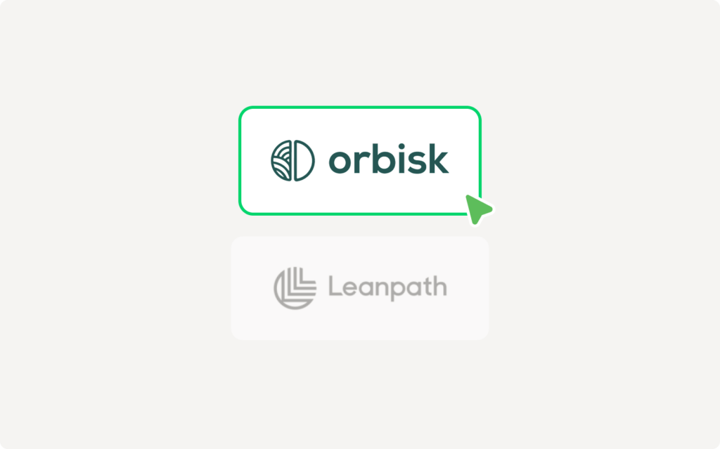 Toggle UI comparing two food waste platforms, Orbisk shown selected with a green highlighted border and cursor click indicator, Leanpath shown greyed out and unselected.
