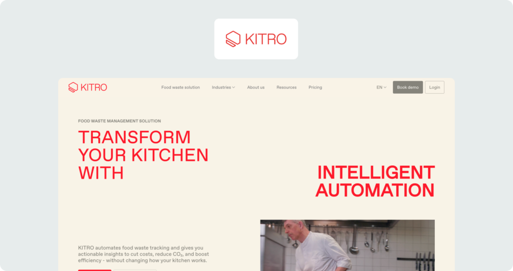 A screenshot of the Kitro website homepage, showing the Kitro logo in a white card above a hero section on a cream background. The hero headline reads "Transform your kitchen with intelligent automation" in bold red typography, with supporting copy describing how Kitro automates food waste tracking to cut costs, reduce CO₂, and boost efficiency. A "Book demo" CTA button appears in the navigation, and a photo of a chef in a professional kitchen is partially visible at the bottom right.