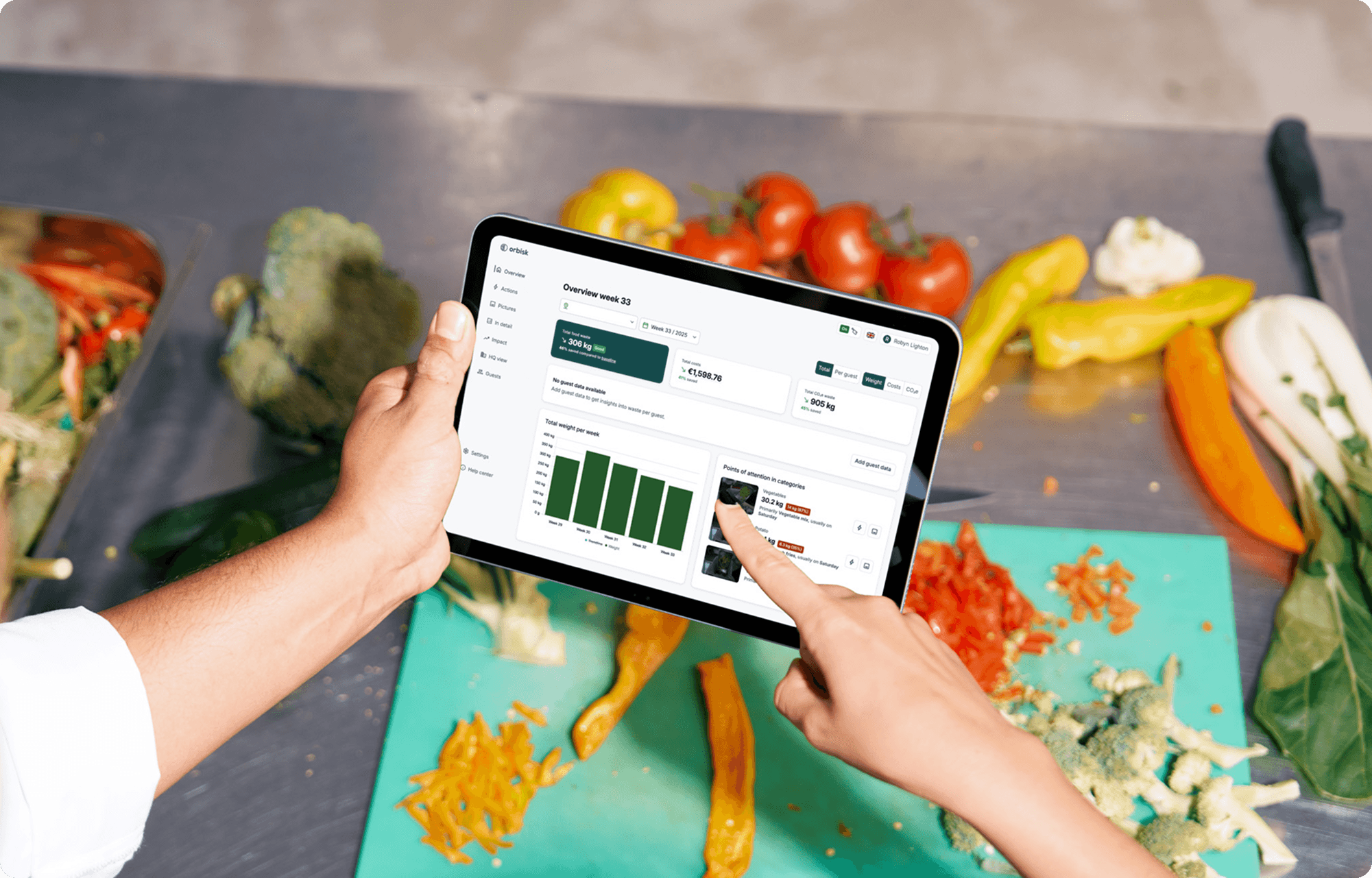 orbisk-dashboard-tablet-kitchen Handen die een tablet vasthouden met het Orbisk voedselverspilling-dashboard erop, in een professionele keuken