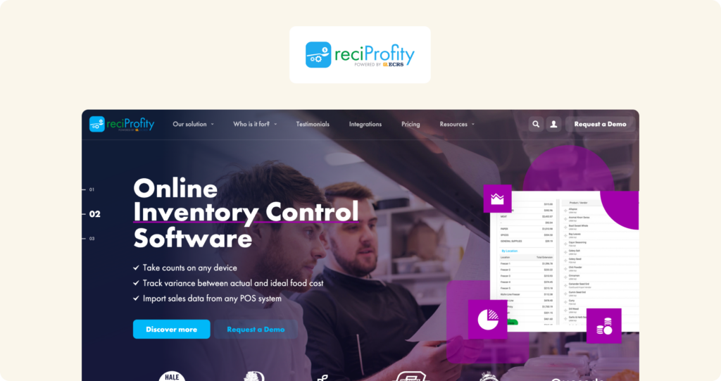 ReciProfity homepage showing a dark hero section with headline "Online Inventory Control Software" alongside a product dashboard screenshot and purple accent graphics.