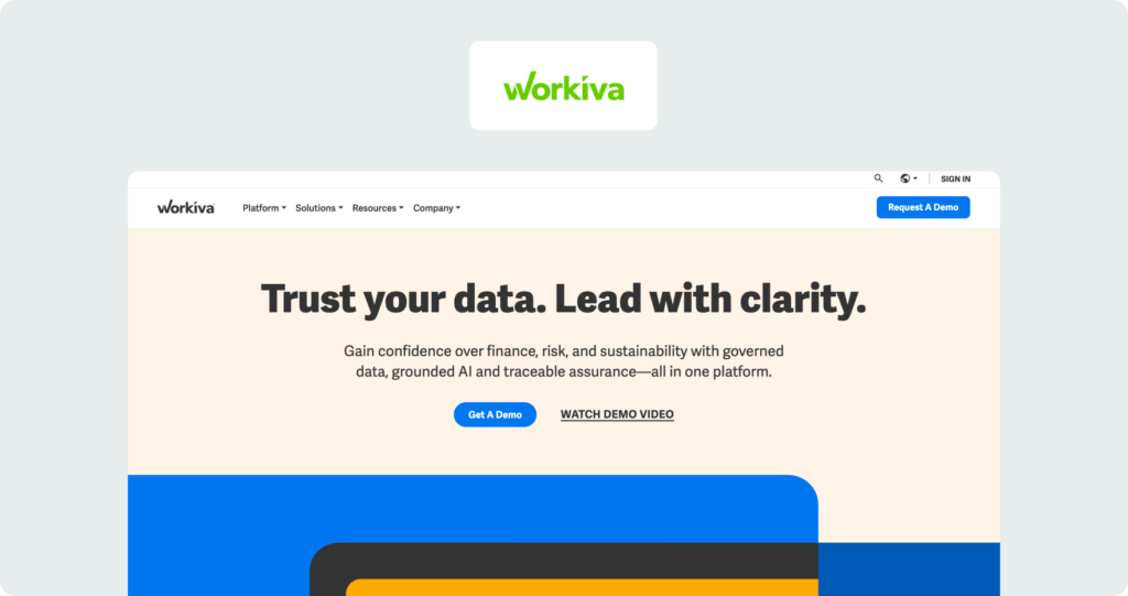 Workiva homepage showing the hero section with headline "Trust your data. Lead with clarity." on a cream background with a blue CTA button.