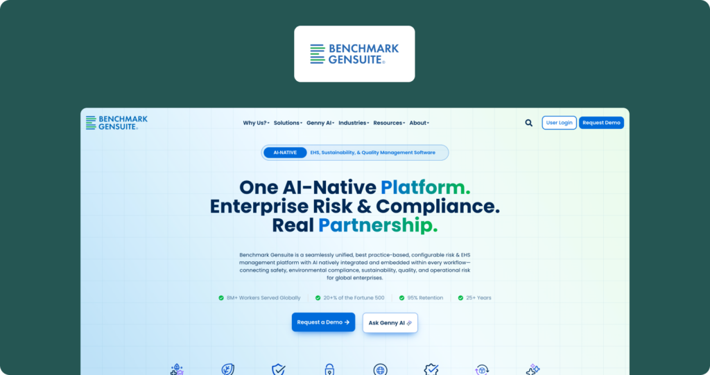 Benchmark Gensuite homepage showing the hero section with headline "One AI-Native Platform. Enterprise Risk & Compliance. Real Partnership." on a light blue gradient background.