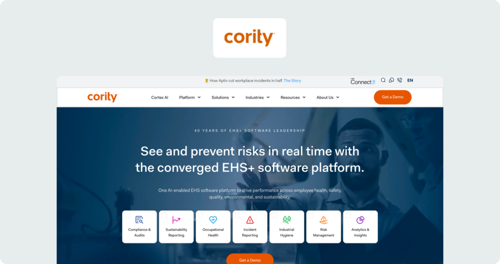 Cority homepage showing a dark blue hero section with headline "See and prevent risks in real time with the converged EHS+ software platform" and a row of seven product category icons.
