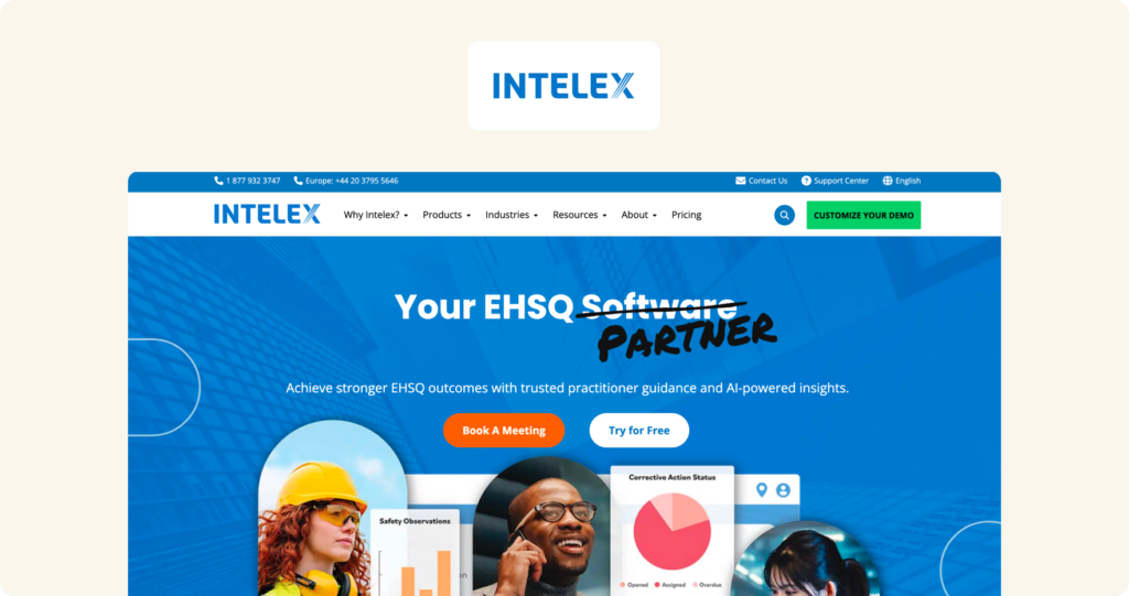 Intelex homepage showing a bright blue hero section with headline "Your EHSQ Software Partner" alongside staff photos and dashboard UI snippets.