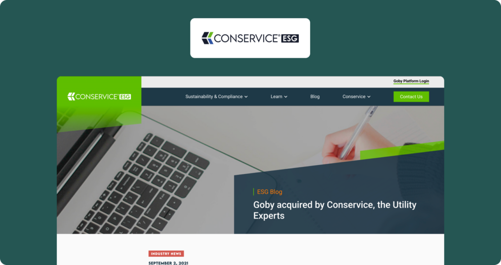 Conservice ESG homepage showing a green and dark navy design with a featured blog post announcing "Goby acquired by Conservice, the Utility Experts."