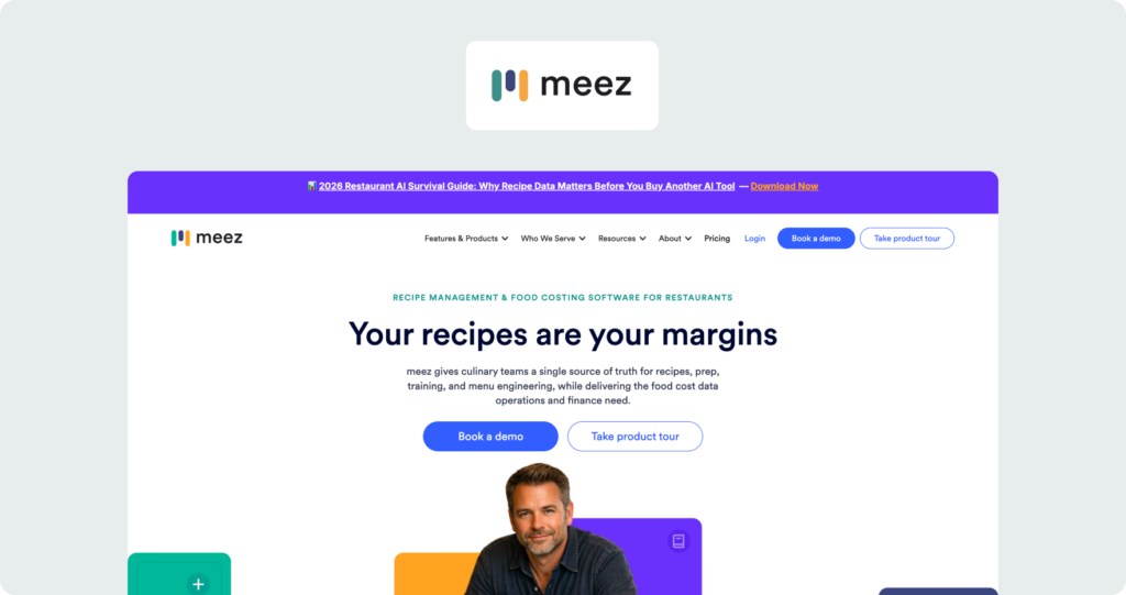 Meez homepage showing the hero section with headline "Your recipes are your margins" on a white background with a purple announcement banner above.