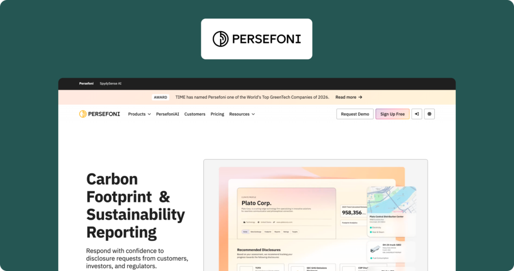 Persefoni homepage showing the hero section with headline "Carbon Footprint & Sustainability Reporting" alongside a climate profile dashboard screenshot.
