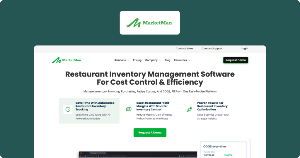 MarketMan homepage showing the hero section with headline "Restaurant Inventory Management Software For Cost Control & Efficiency" with three feature highlight cards below.