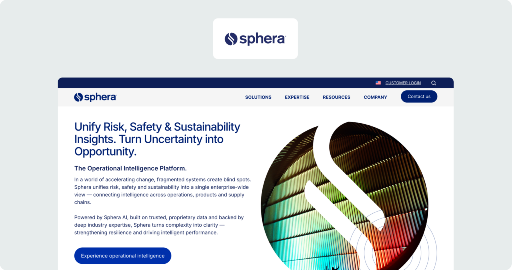 Sphera homepage showing the hero section with headline "Unify Risk, Safety & Sustainability Insights. Turn Uncertainty into Opportunity." alongside a colorful abstract graphic.