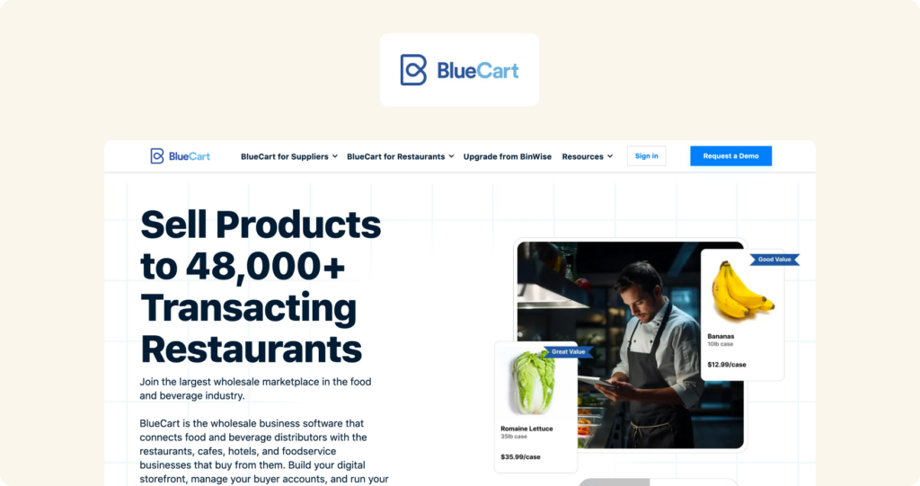 BlueCart homepage showing the hero section with headline "Sell Products to 48,000+ Transacting Restaurants" alongside product listing cards for romaine lettuce and bananas.