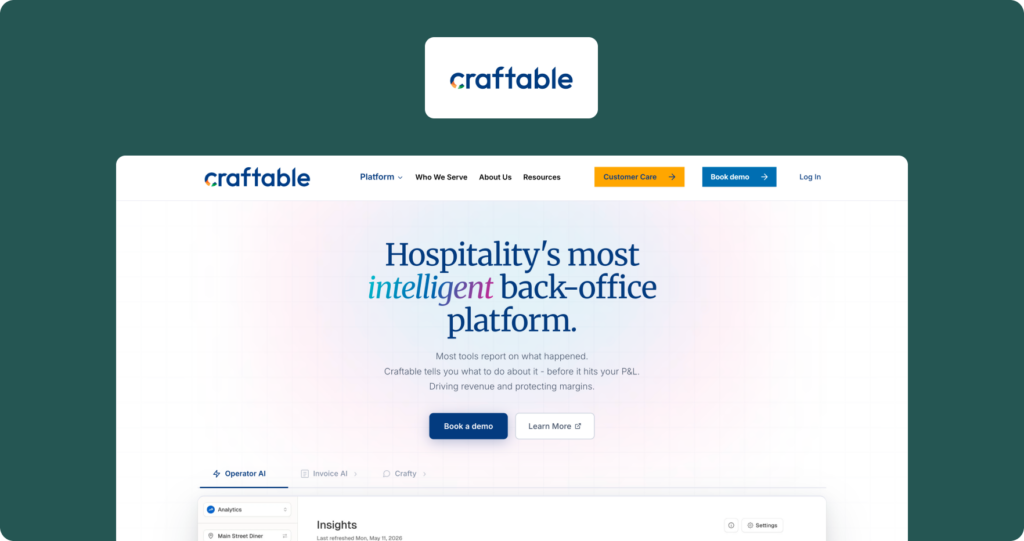 Craftable homepage showing the hero section with headline "Hospitality's most intelligent back-office platform" on a soft gradient background with a product analytics dashboard below.