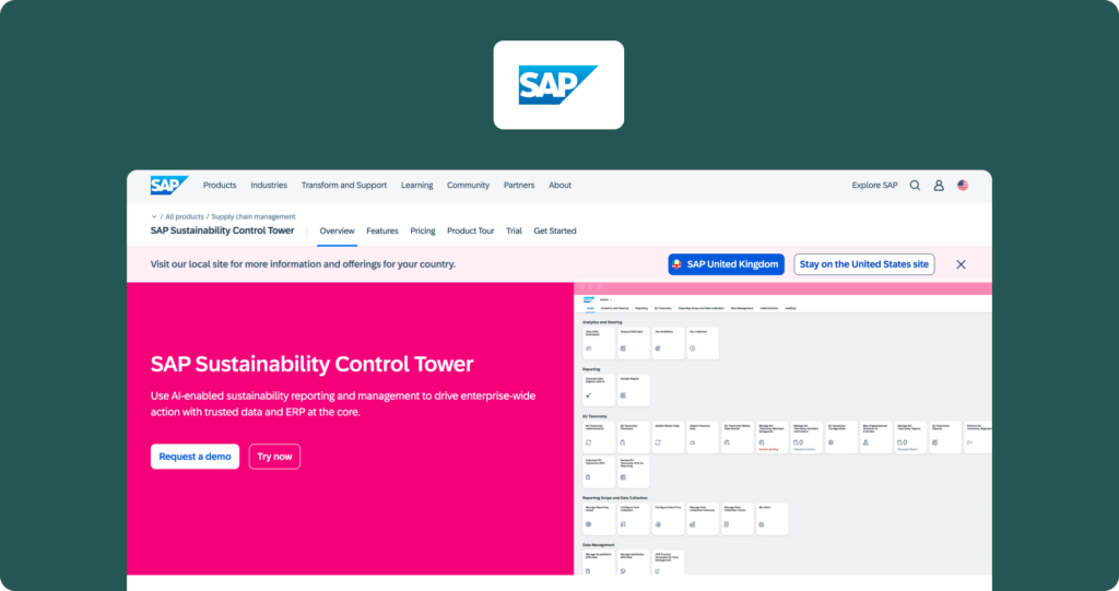 SAP Sustainability Control Tower product page showing a pink hero section with headline and a dashboard screenshot on the right.