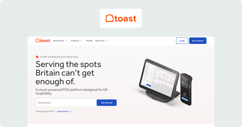 Toast homepage showing the hero section with headline "Serving the spots Britain can't get enough of" alongside a product image of a POS terminal and handheld device.