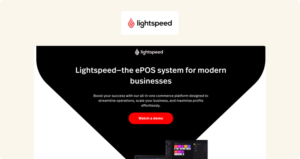 Lightspeed homepage showing a black hero section with headline "Lightspeed - the ePOS system for modern businesses" and a red Watch a Demo CTA button.