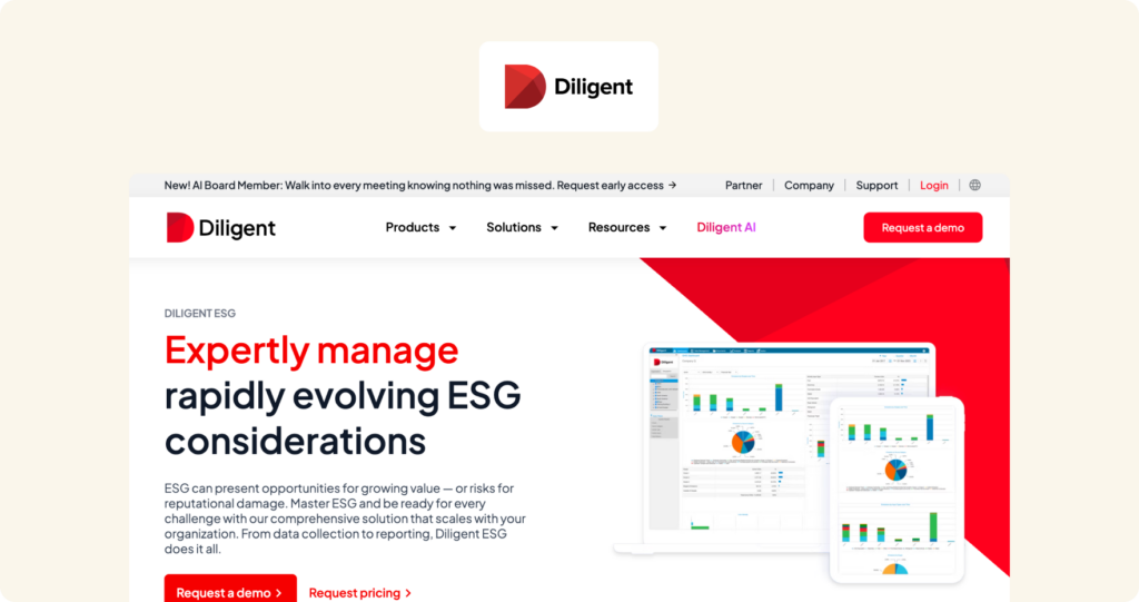 Diligent ESG homepage showing the hero section with headline "Expertly manage rapidly evolving ESG considerations" alongside dashboard screenshots on a red background.