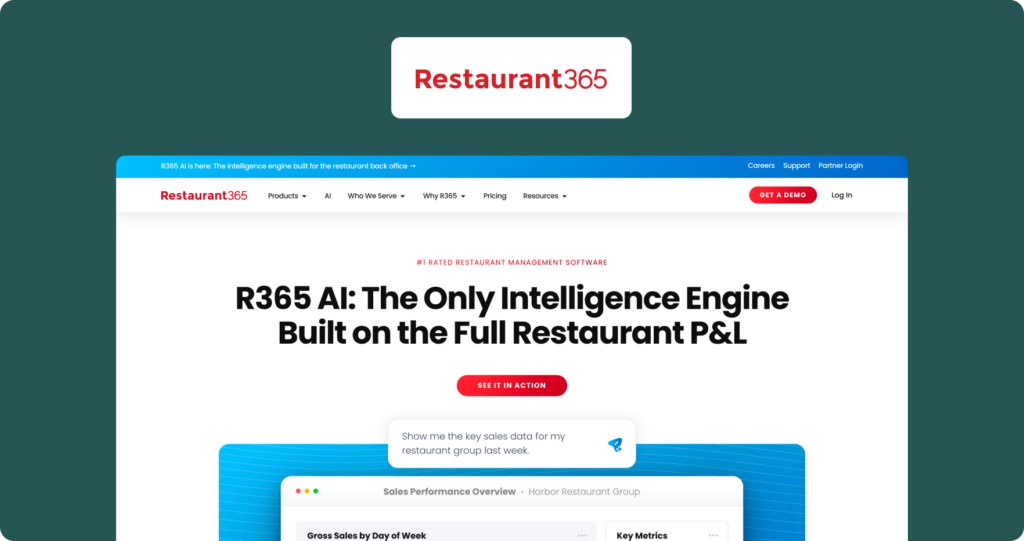 Restaurant365 homepage showing the hero section with headline "R365 AI: The Only Intelligence Engine Built on the Full Restaurant P&L" with an AI chat interface and sales dashboard below.