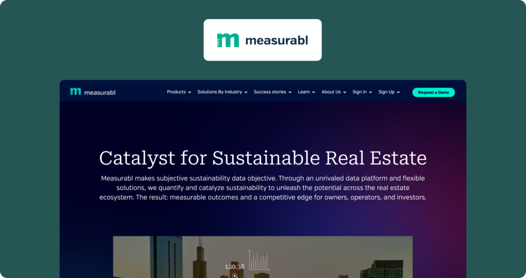 Measurabl homepage showing the hero section with headline "Catalyst for Sustainable Real Estate" on a dark navy-to-purple gradient background.